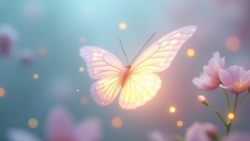 Papillon lumineux animé dans un environnement onirique
